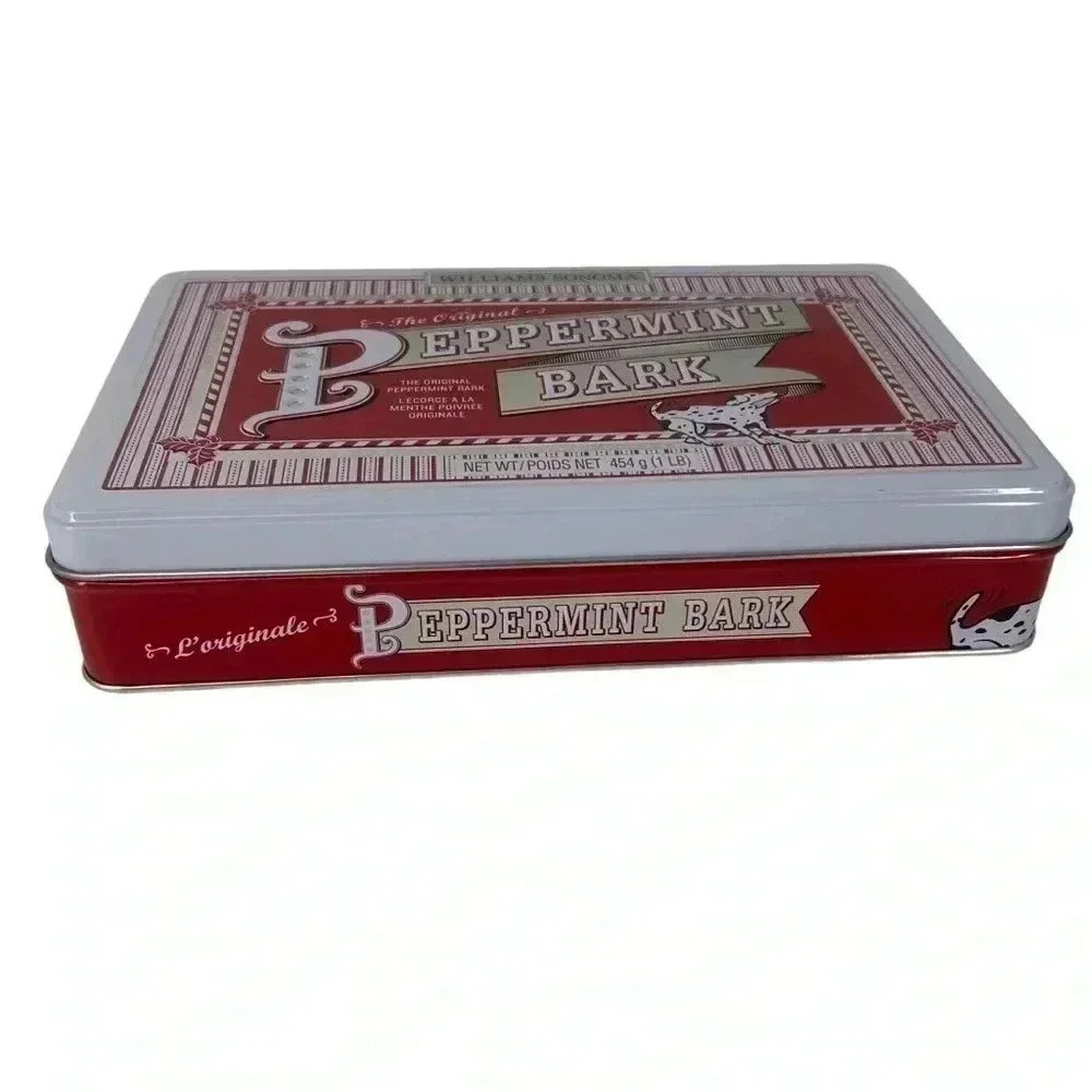 WILLIAMS SONOMA PEPPERMINT BARK DECORATIVE METAL TIN W/ LIF EMPTY CHRISTMAS - Picture 4 of 8